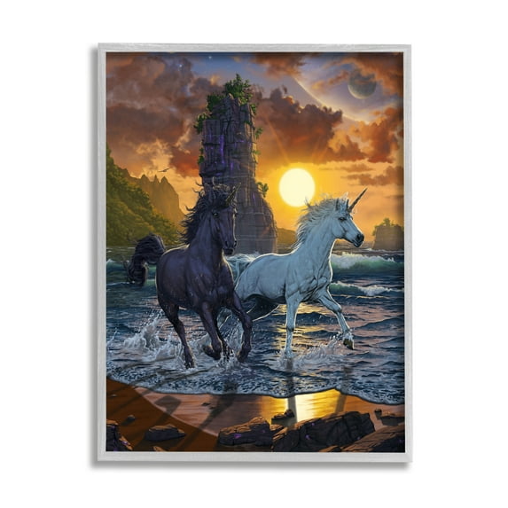 Stupell Industries Unicorns on Beach Fairy Tales & Fantasy Painting Gray Framed Art Print Wall Art, 24 x 30