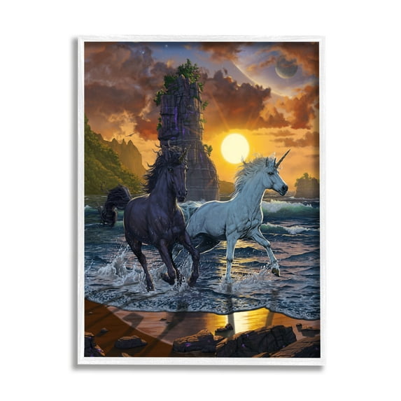 Stupell Industries Unicorns on Beach Fairy Tales & Fantasy Painting White Framed Art Print Wall Art, 11 x 14