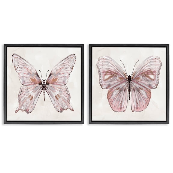 Stupell Industries Unique Butterflies in Muted Pinks Animals Painting Black Floater Framed Canvas Art Print Wall Art, 18 x 18, Set of 2