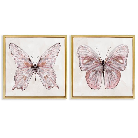 Stupell Industries Unique Butterflies in Muted Pinks Animals Painting Gold Floater Framed Canvas Art Print Wall Art, 18 x 18, Set of 2