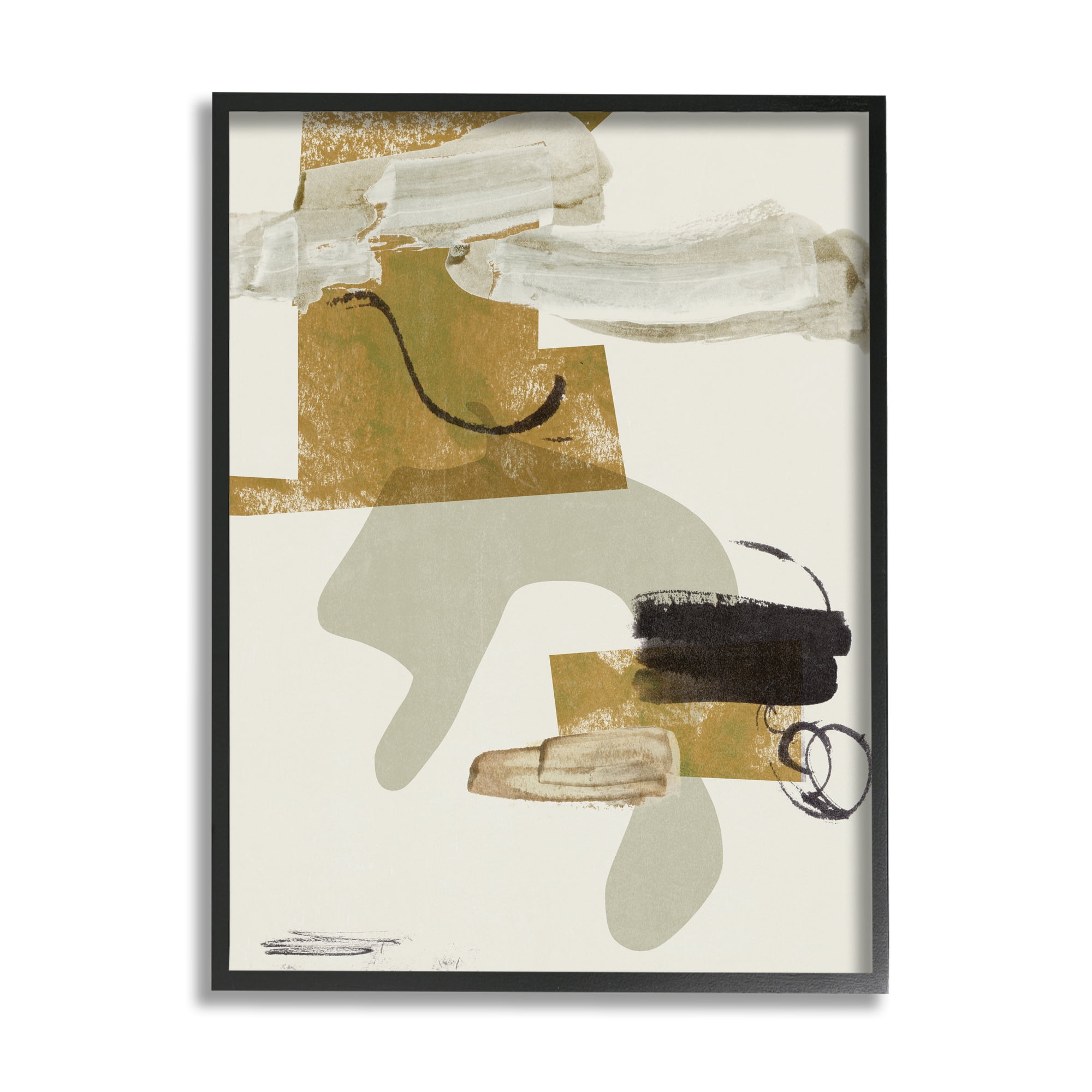Stupell Industries Unique Curved Shape Abstraction Brown Tan Black Abstract Painting Black Framed Art Print Wall Art, 16 x 20