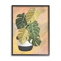 Stupell Industries Unique Leaf Plant Tropical Monstera Over Abstract Botanical & Floral Painting Black Framed Art Print Wall Art, 11 x 14