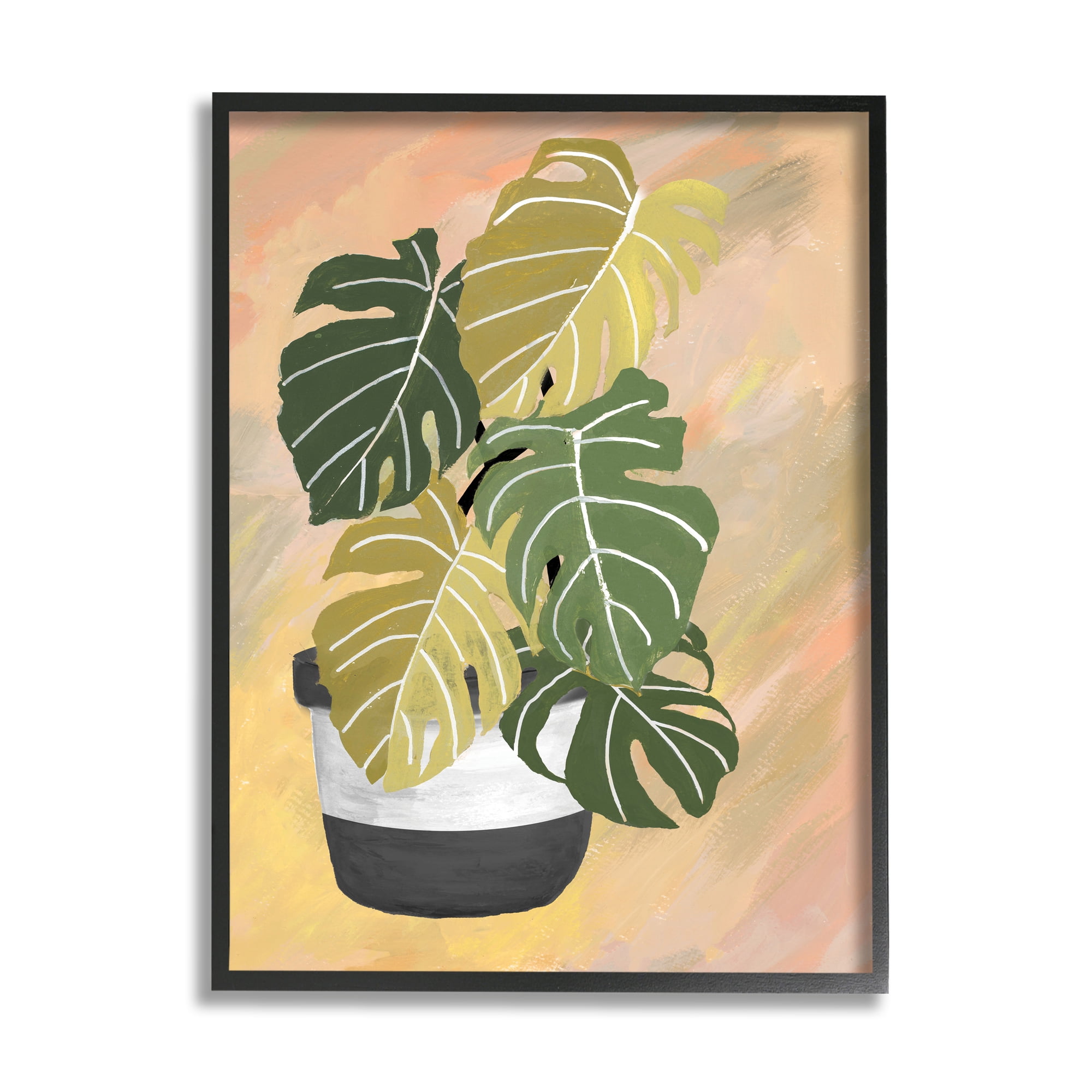 Stupell Industries Unique Leaf Plant Tropical Monstera Over Abstract Botanical & Floral Painting Black Framed Art Print Wall Art, 16 x 20