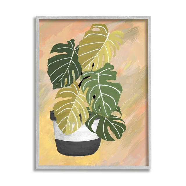 Stupell Industries Unique Leaf Plant Tropical Monstera Over Abstract Botanical & Floral Painting Gray Framed Art Print Wall Art, 11 x 14