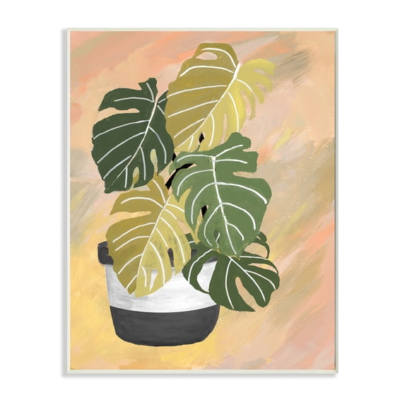 Stupell Industries Unique Leaf Plant Tropical Monstera Over Abstract Botanical & Floral Painting Unframed Art Print Wall Art, 10 x 15