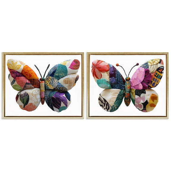 Stupell Industries Unique Patchworked Butterflies 2 Piece Gold Framed Floater Canvas Set design by Annabelle Hall, 25 x 31