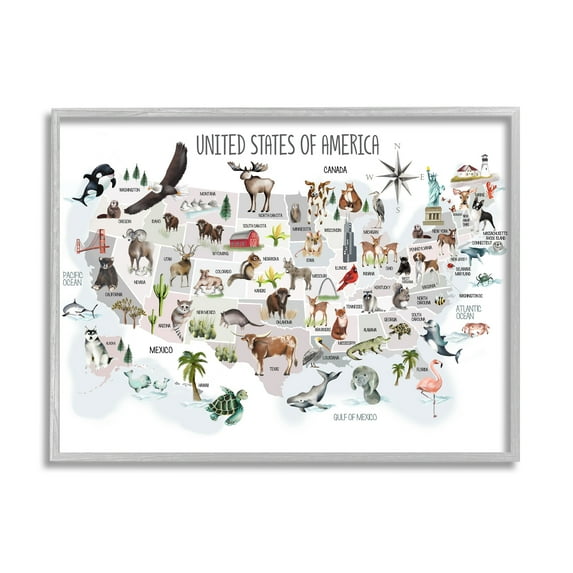 Stupell Industries United States of America Map of Animals Kid's Illustration Novelty Painting Gray Framed Art Print Wall Art, 24 x 30, Design by Studio Q