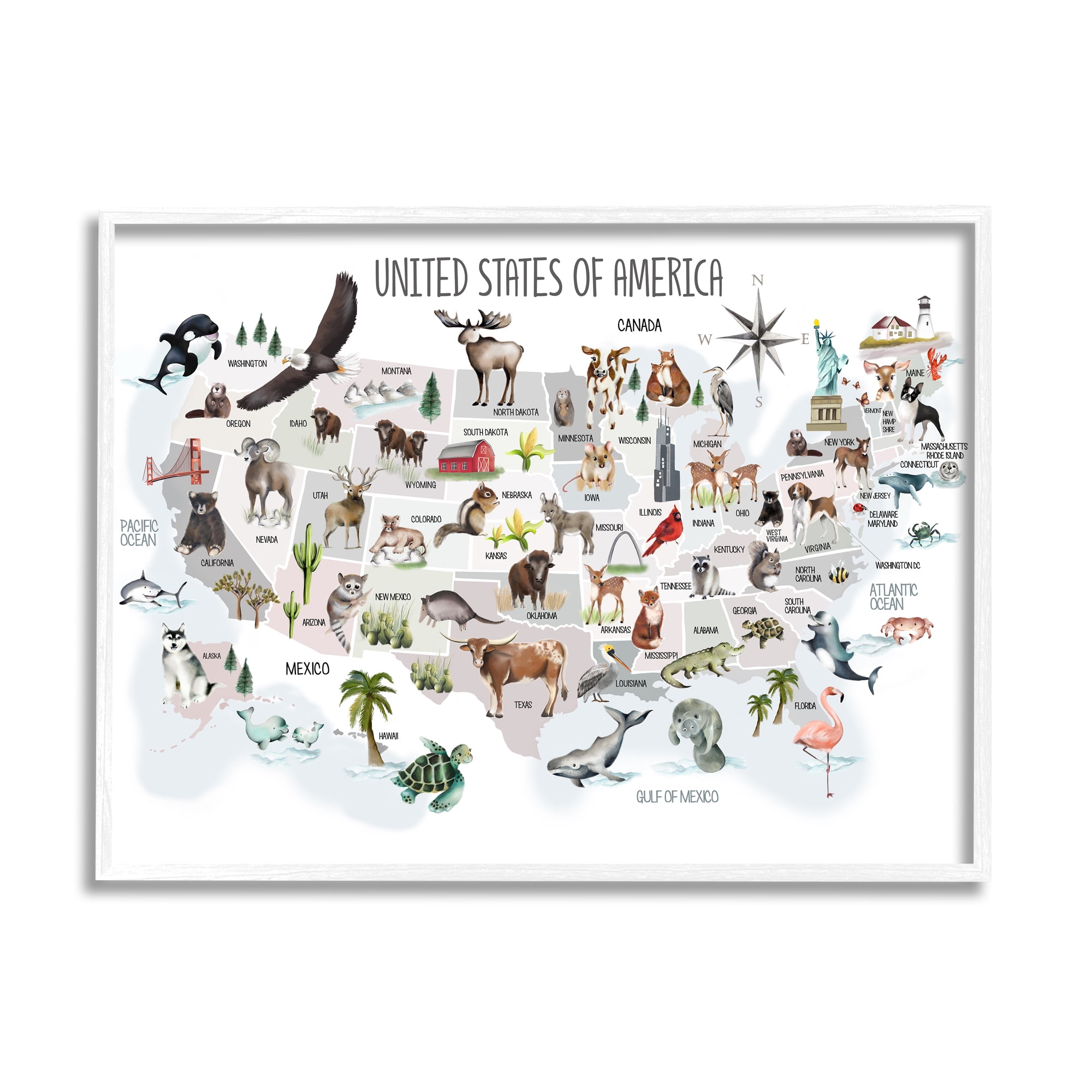 Stupell Industries United States of America Map of Animals Kid's Illustration Novelty Painting White Framed Art Print Wall Art, 24 x 30, Design by Studio Q