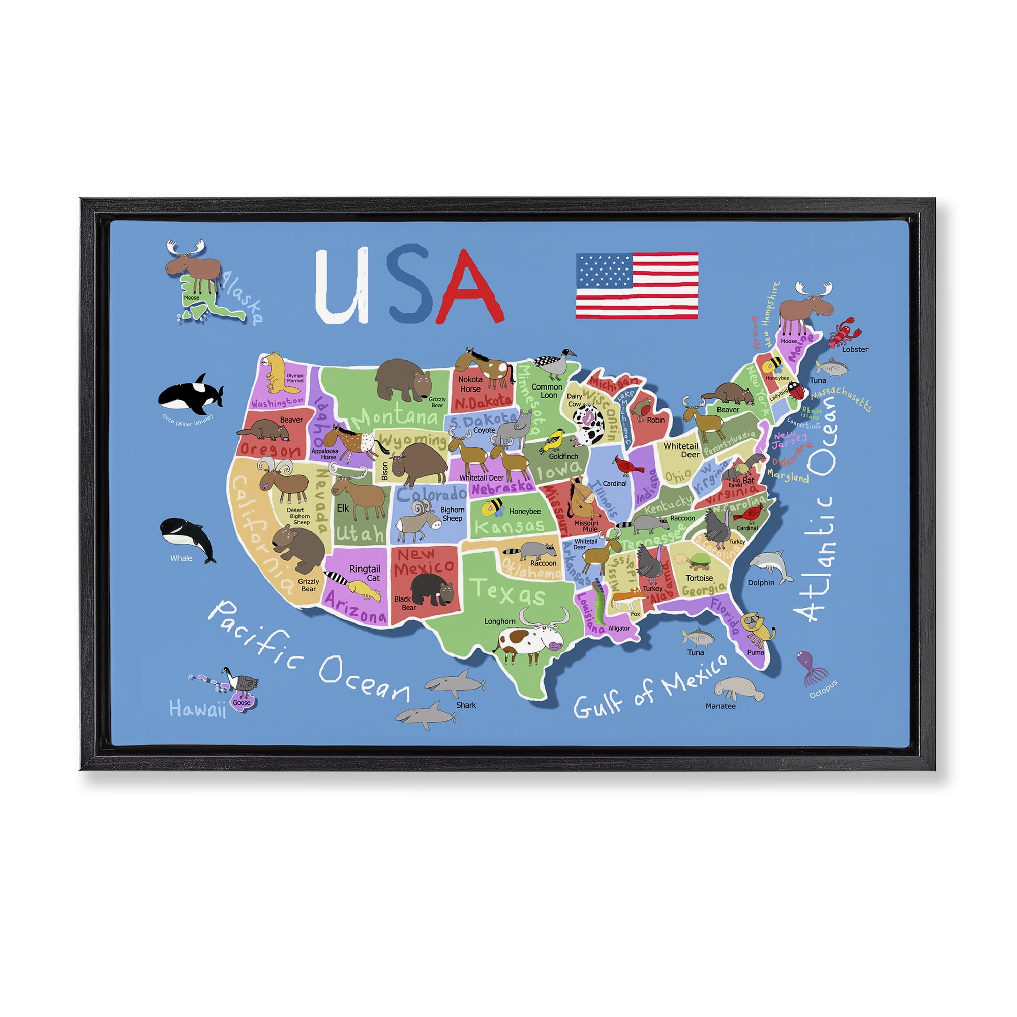 Stupell Industries United States Animal Map Town & City Painting Black Floater Framed Art Print Wall Art, 31 x 21