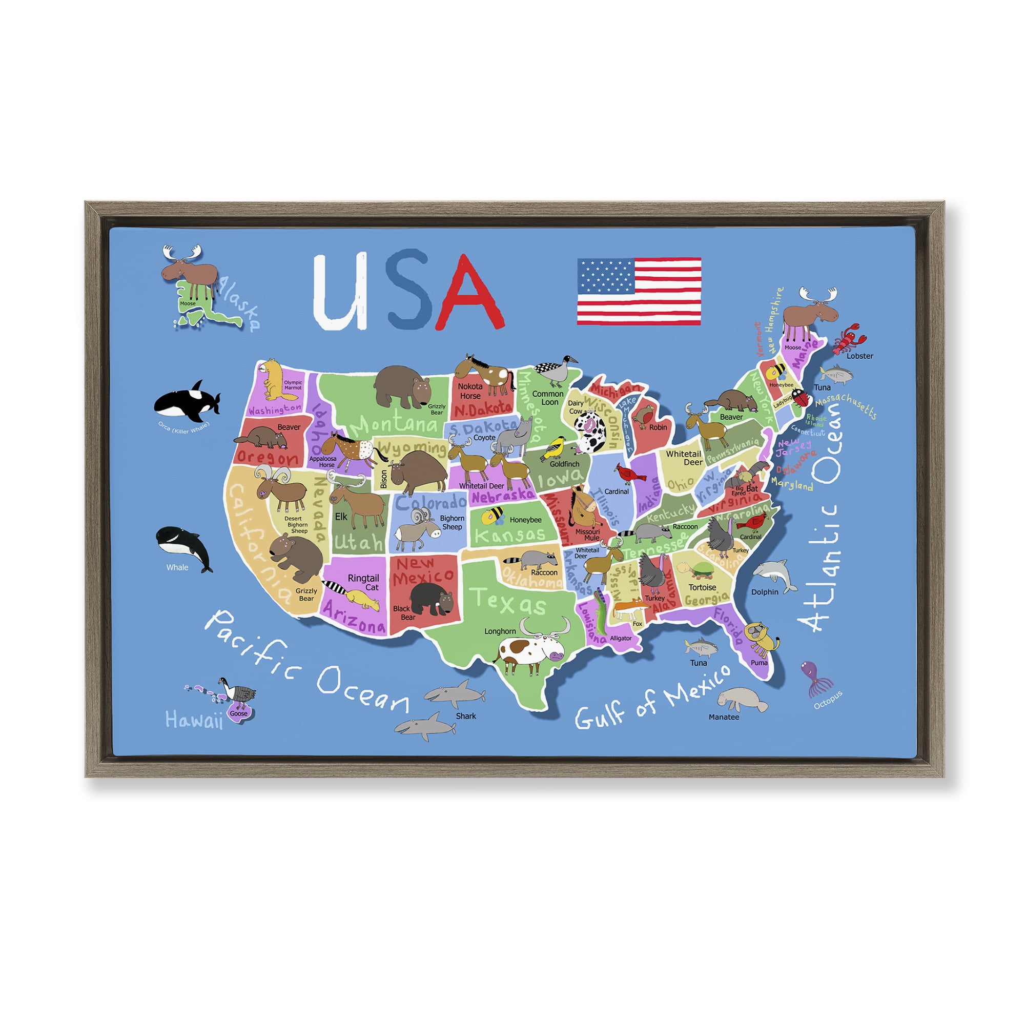 Stupell Industries United States Animal Map Town & City Painting Brown Floater Framed Art Print Wall Art, 25 x 17