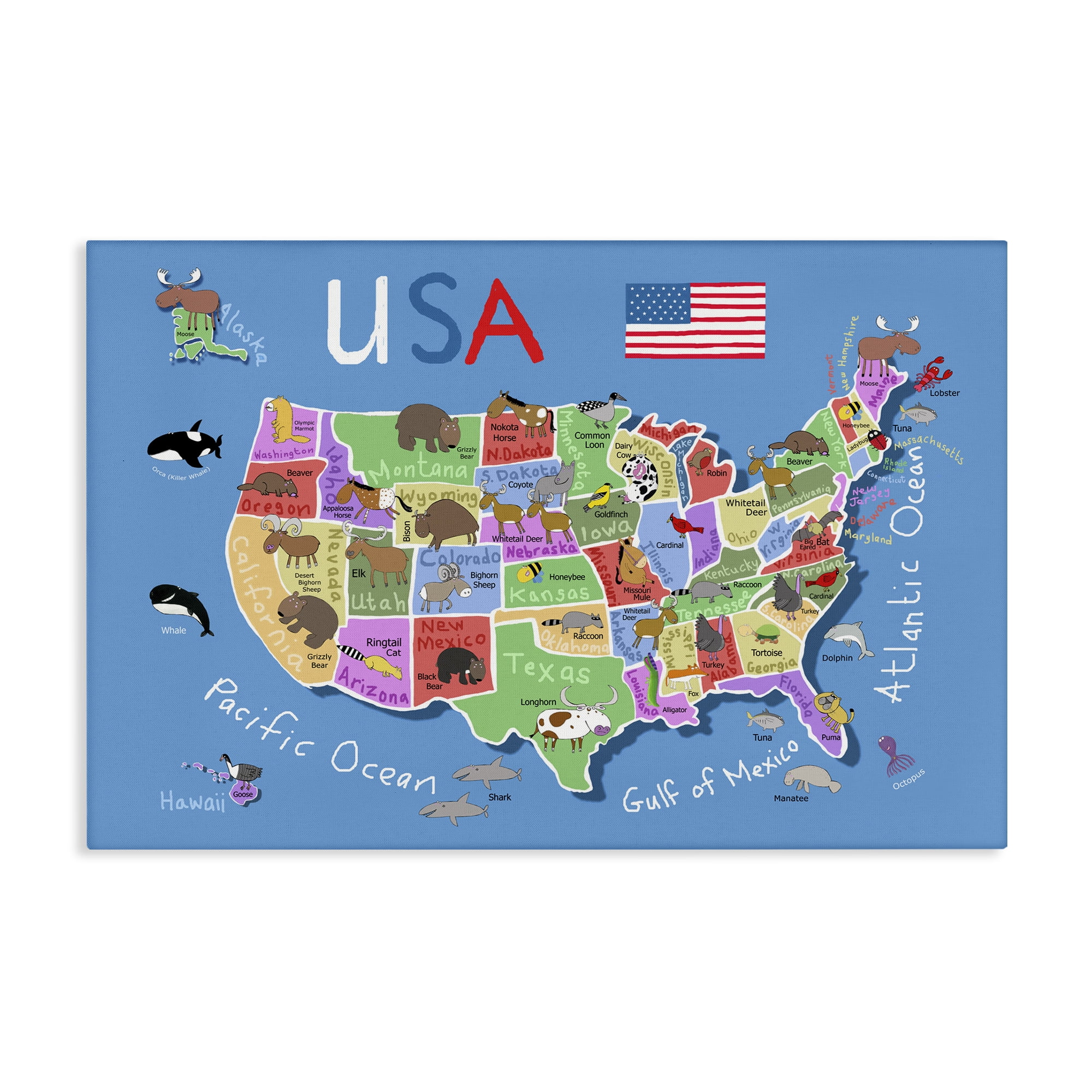 Stupell Industries United States Animal Map Town & City Painting Gallery Wrapped Canvas Art Print Wall Art, 36 x 24