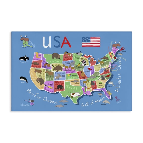 Stupell Industries United States Animal Map Town & City Painting Gallery Wrapped Canvas Art Print Wall Art, 45 x 30
