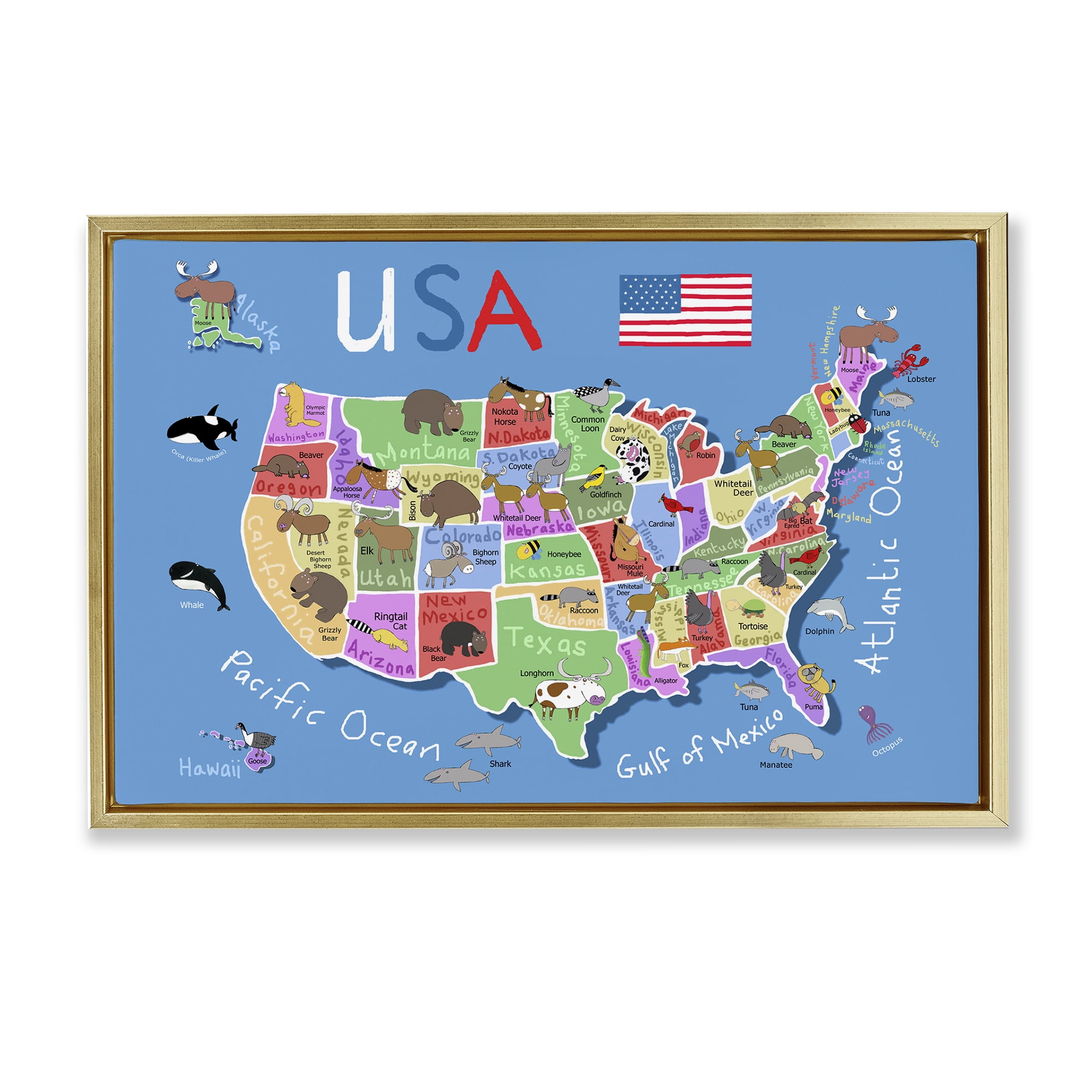 Stupell Industries United States Animal Map Town & City Painting Gold Floater Framed Art Print Wall Art, 31 x 21