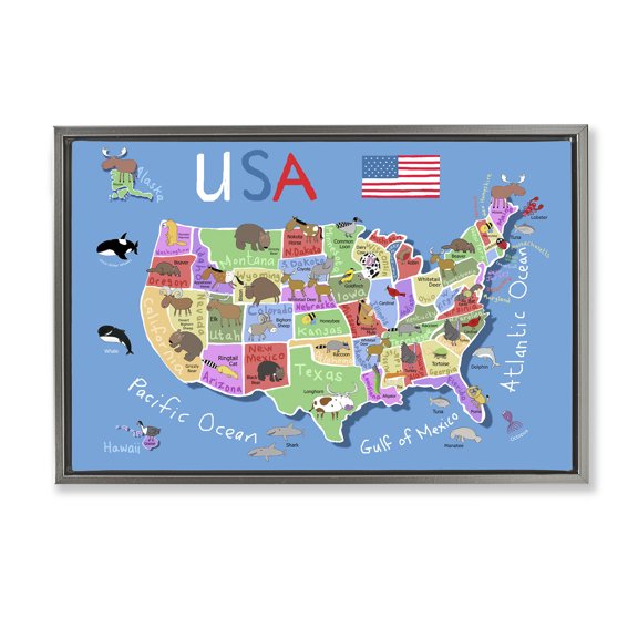 Stupell Industries United States Animal Map Town & City Painting Gray Floater Framed Art Print Wall Art, 25 x 17