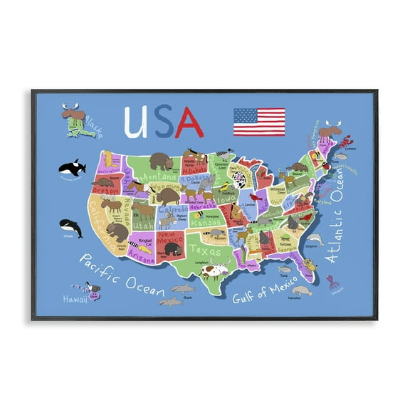 Stupell Industries United States Animal Map Travel & Places Painting Black Framed Art Print Wall Art, 18 x 12