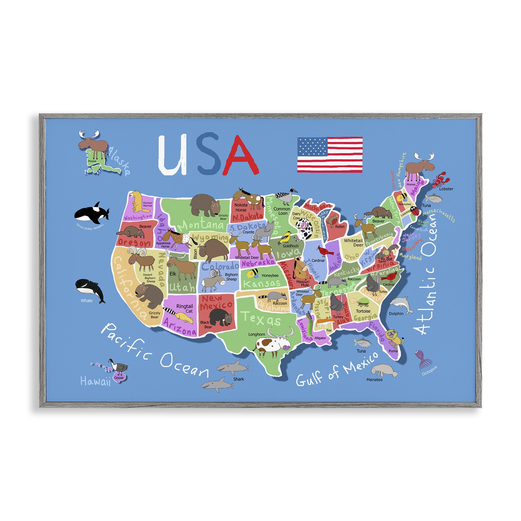 Stupell Industries United States Animal Map Travel & Places Painting Gray Framed Art Print Wall Art, 18 x 12