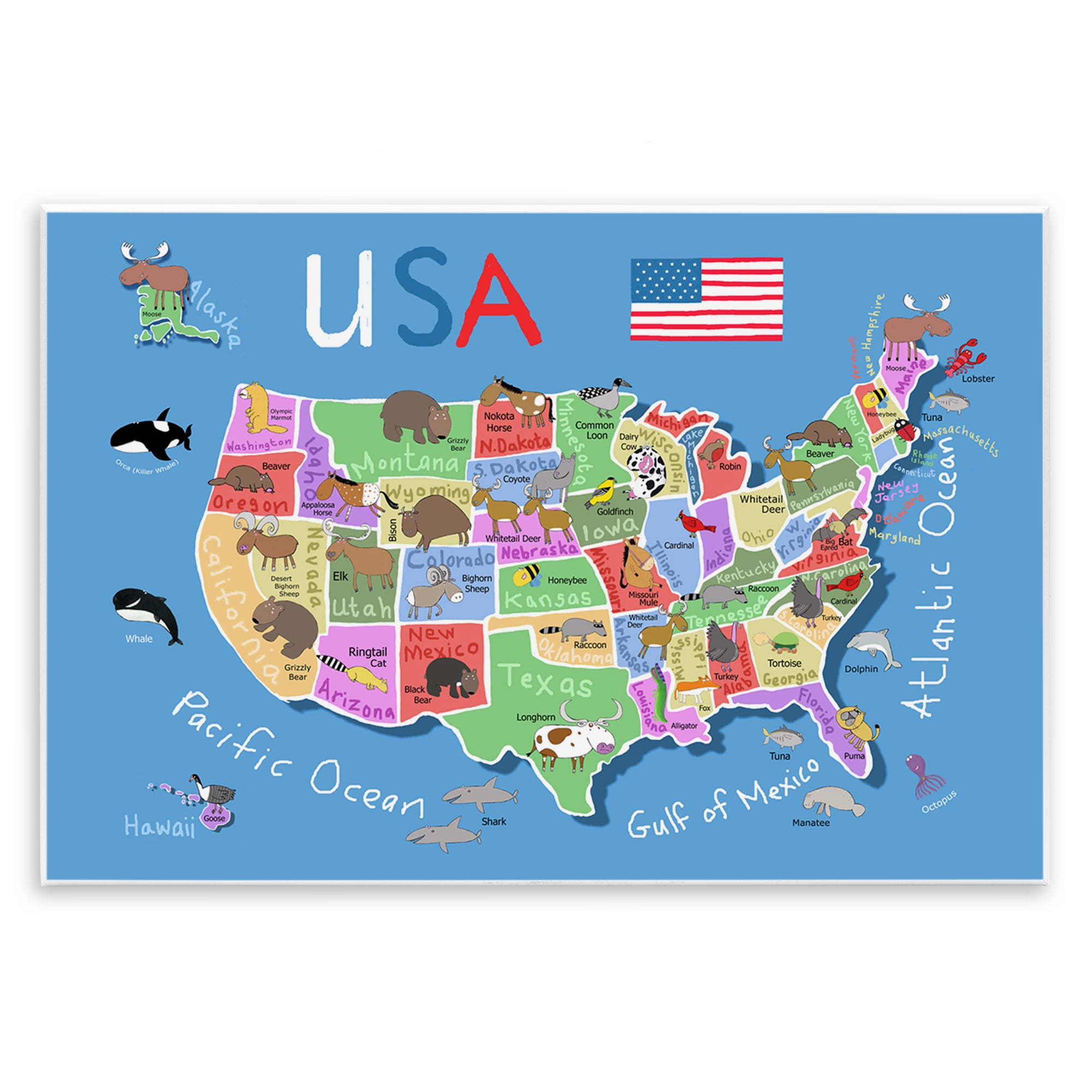 Stupell Industries United States Animal Map Travel & Places Painting Unframed Art Print Wall Art, 19 x 13