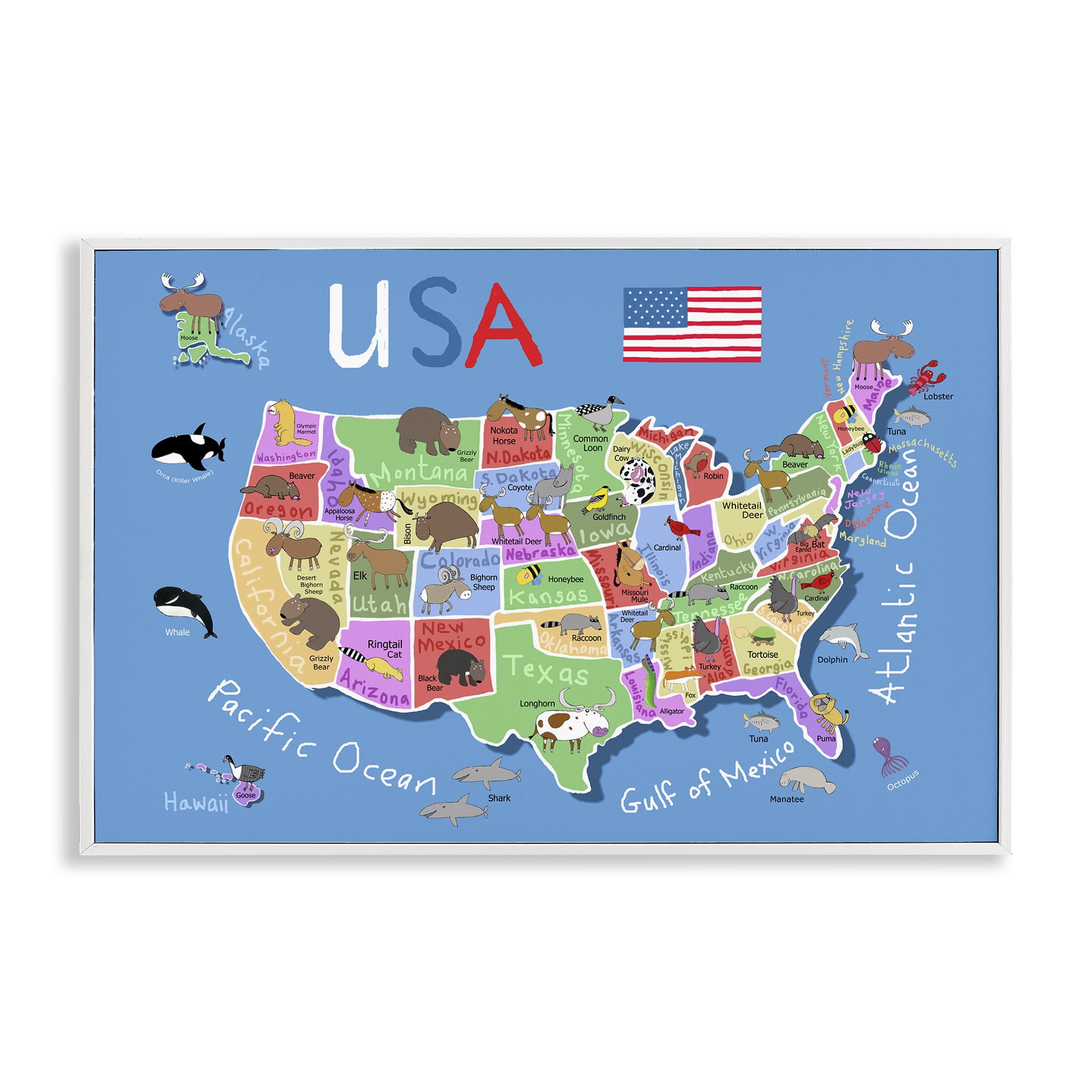 Stupell Industries United States Animal Map Travel & Places Painting White Framed Art Print Wall Art, 24 x 16