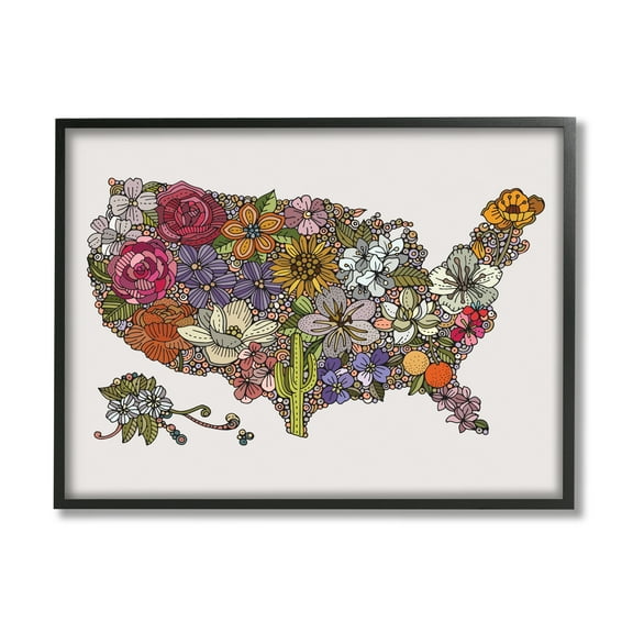 Stupell Industries United States Country Map Detailed Botanical State Flowers Graphic Art Black Framed Art Print Wall Art, Design by Valentina Harper