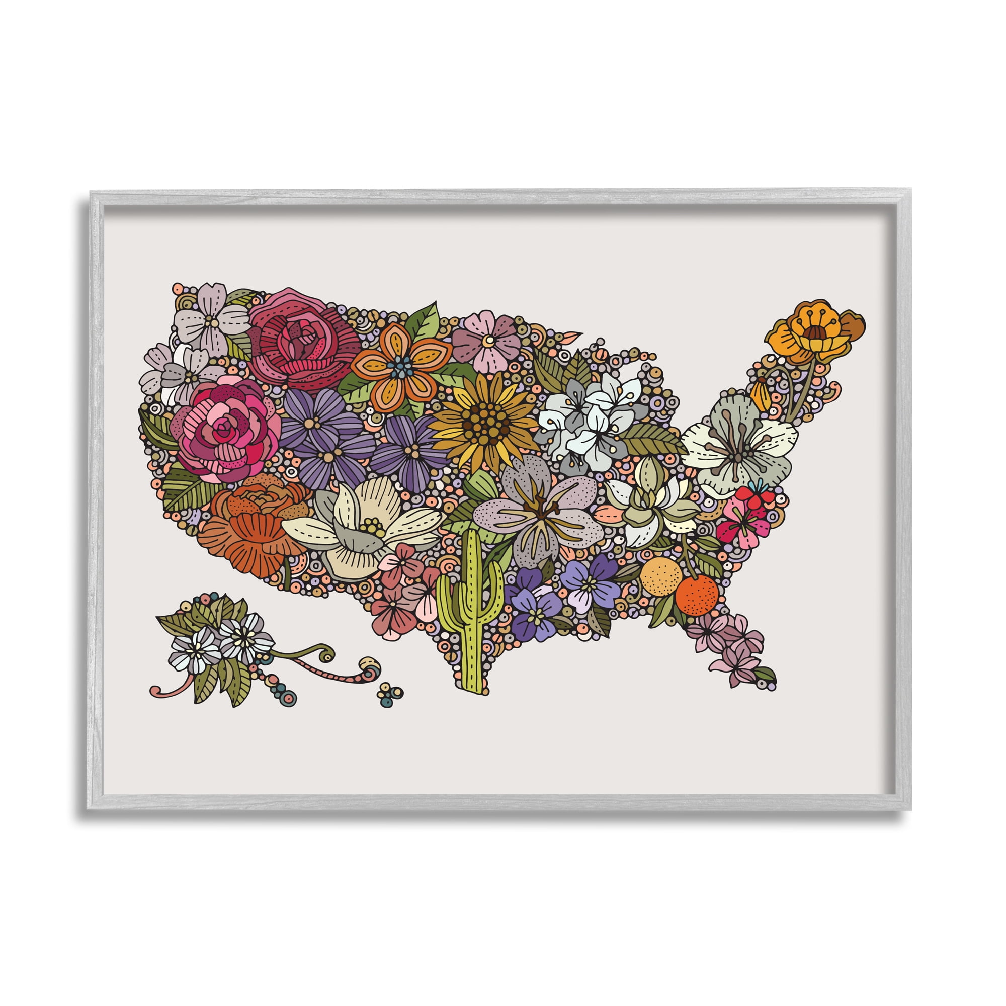 Stupell Industries United States Country Map Detailed Botanical State Flowers Graphic Art Gray Framed Art Print Wall Art, Design by Valentina Harper