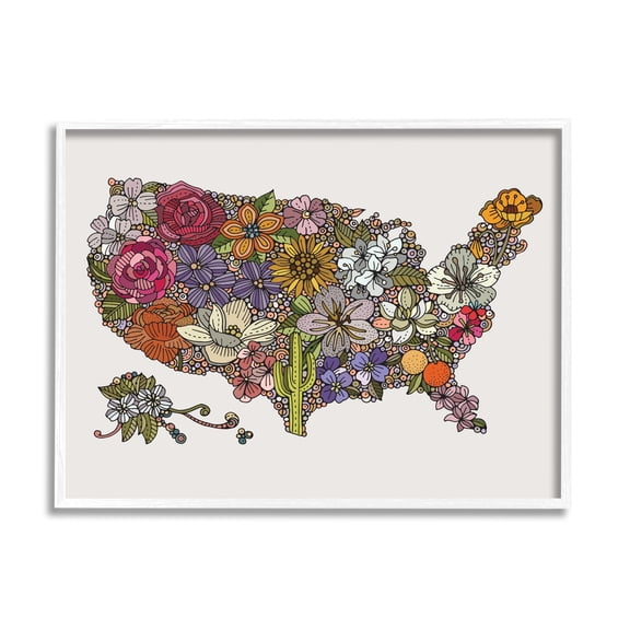 Stupell Industries United States Country Map Detailed Botanical State Flowers Graphic Art White Framed Art Print Wall Art, Design by Valentina Harper