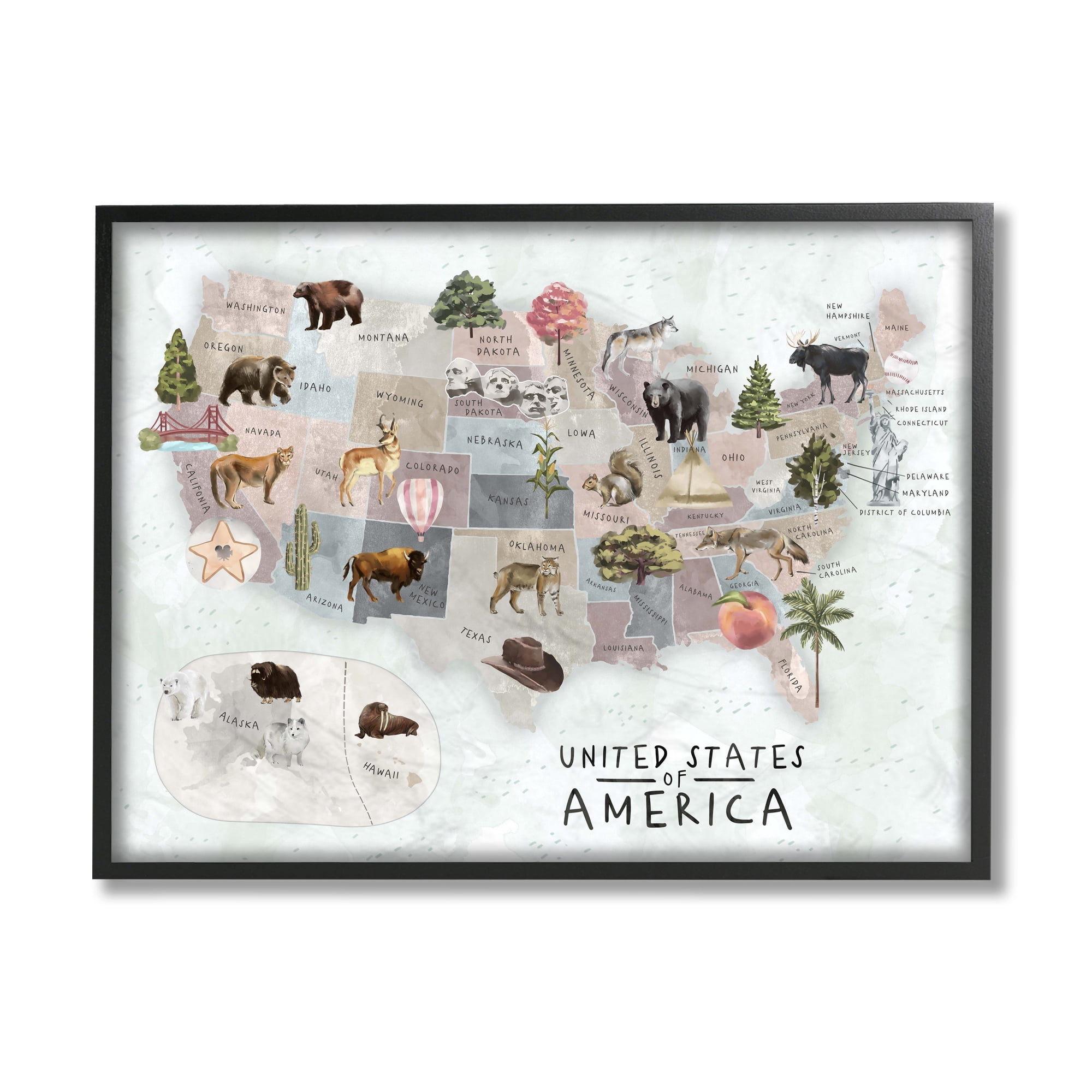 Stupell Industries United States Map Wilderness Animal Illustrations Black Framed by Ziwei Li