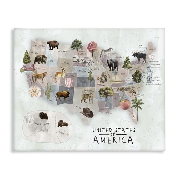 Stupell Industries Contemporary United States Map Animal Illustrations Canvas Art, 20 x 16, by Ziwei Li