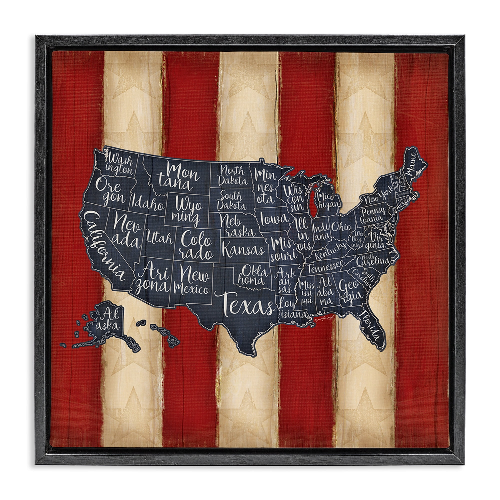 Stupell Industries United States Map on Stripes Art for Kids Painting Black Floater Framed Canvas Art Print Wall Art, 25 x 25
