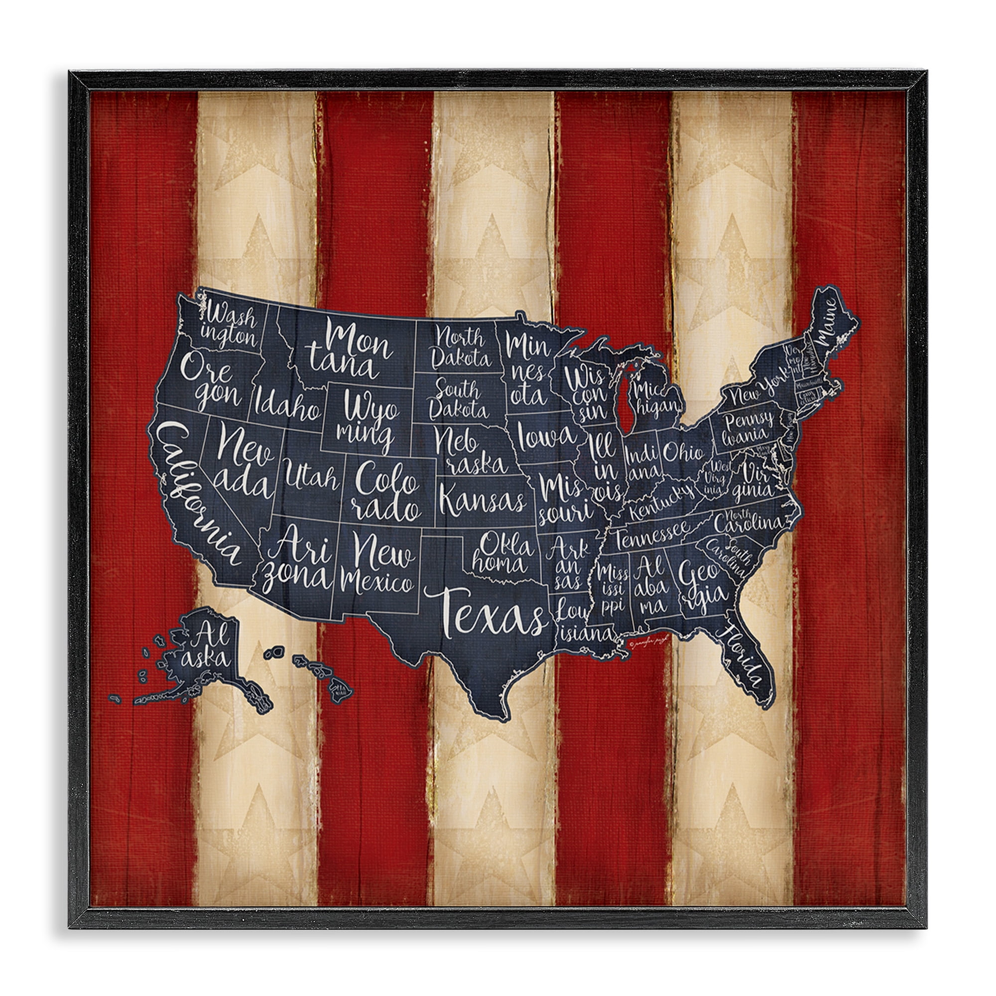 Stupell Industries United States Map on Stripes Art for Kids Painting Black Framed Art Print Wall Art, 24 x 24