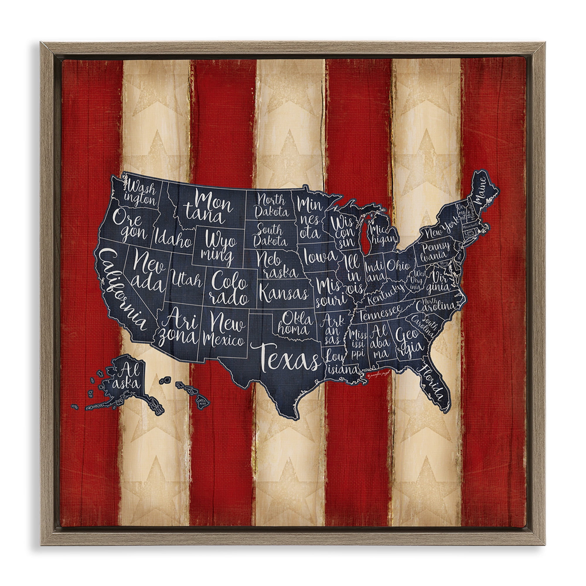 Stupell Industries United States Map on Stripes Art for Kids Painting Brown Floater Framed Canvas Art Print Wall Art, 18 x 18