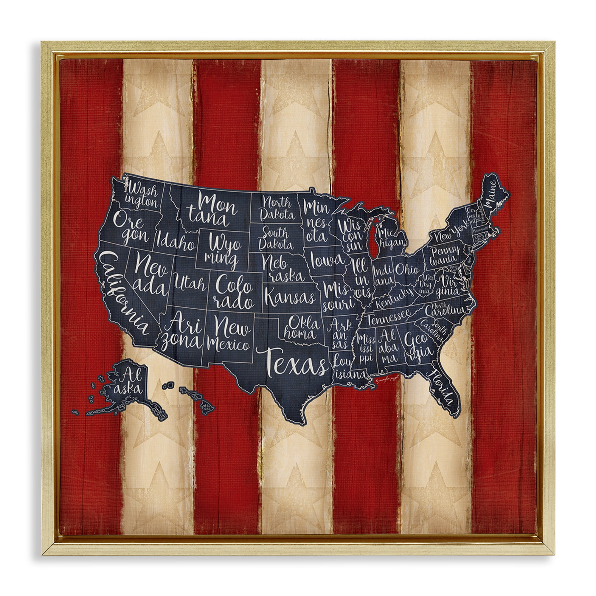 Stupell Industries United States Map on Stripes Art for Kids Painting Gold Floater Framed Canvas Art Print Wall Art, 25 x 25