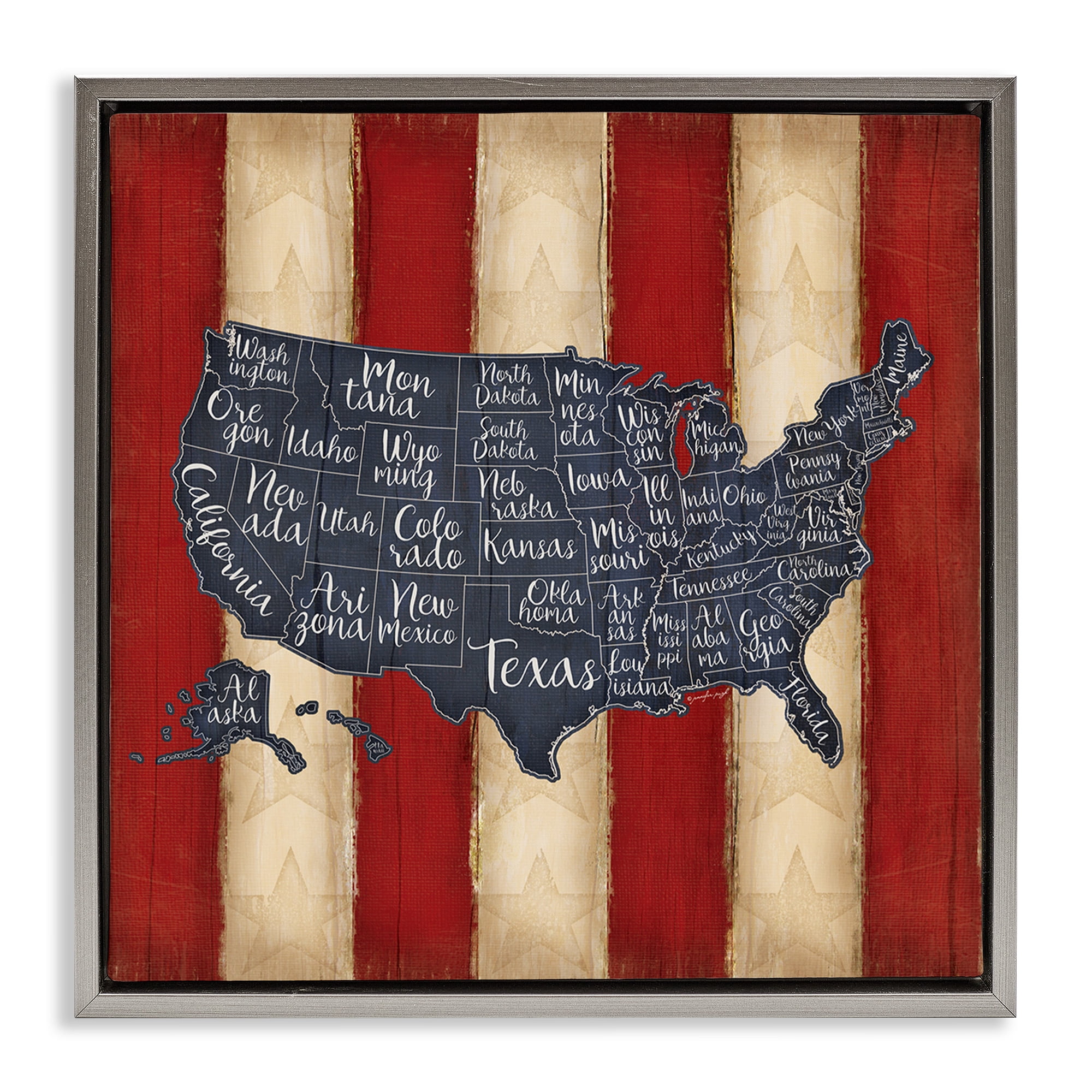 Stupell Industries United States Map on Stripes Art for Kids Painting Gray Floater Framed Canvas Art Print Wall Art, 25 x 25
