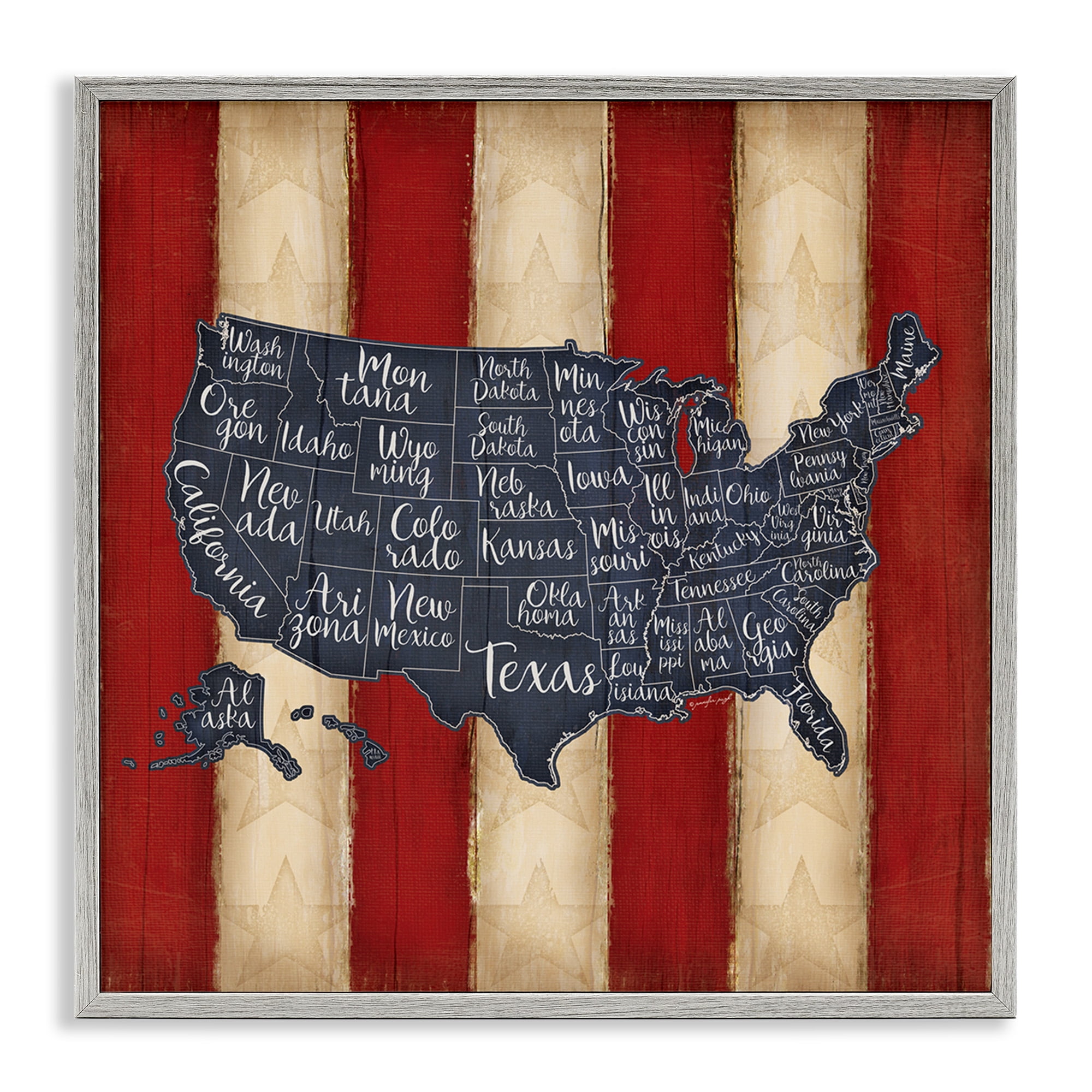 Stupell Industries United States Map on Stripes Art for Kids Painting Gray Framed Art Print Wall Art, 12 x 12