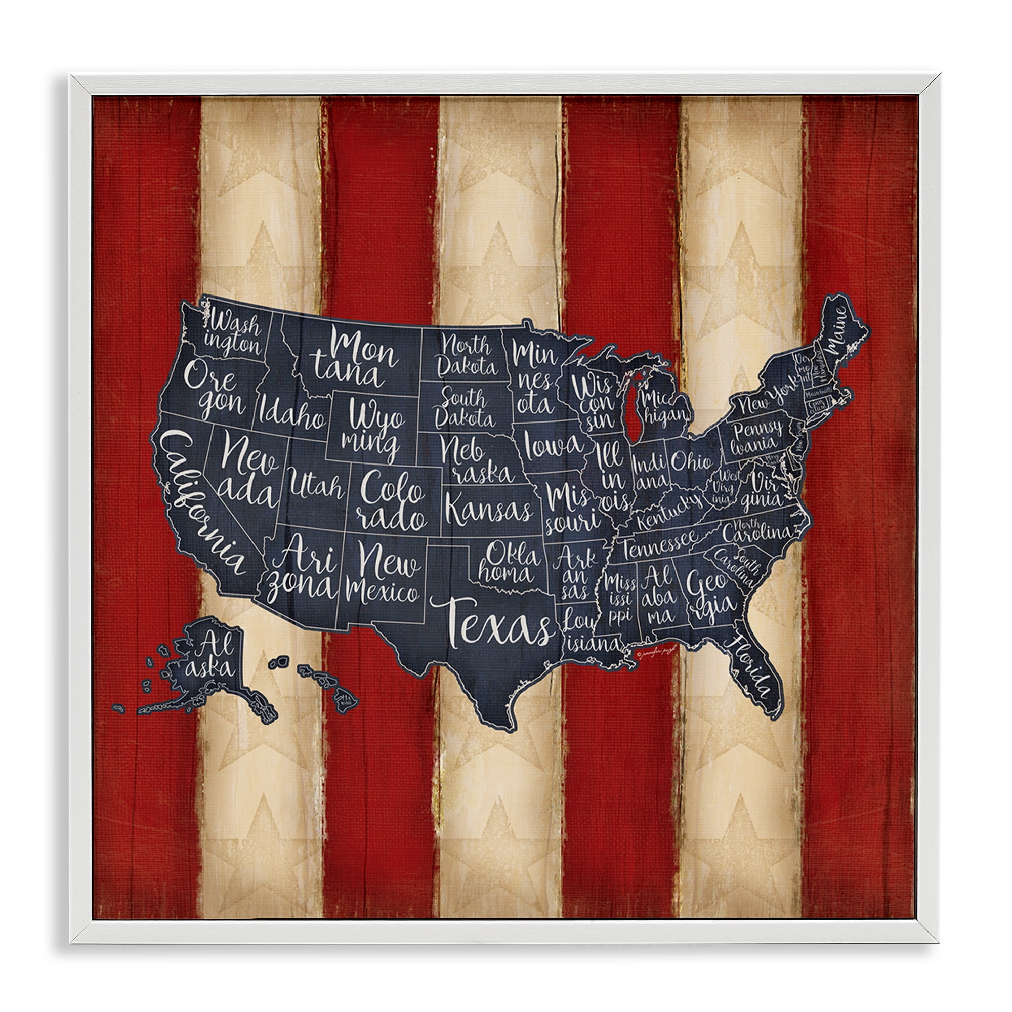 Stupell Industries United States Map on Stripes Art for Kids Painting White Framed Art Print Wall Art, 17 x 17