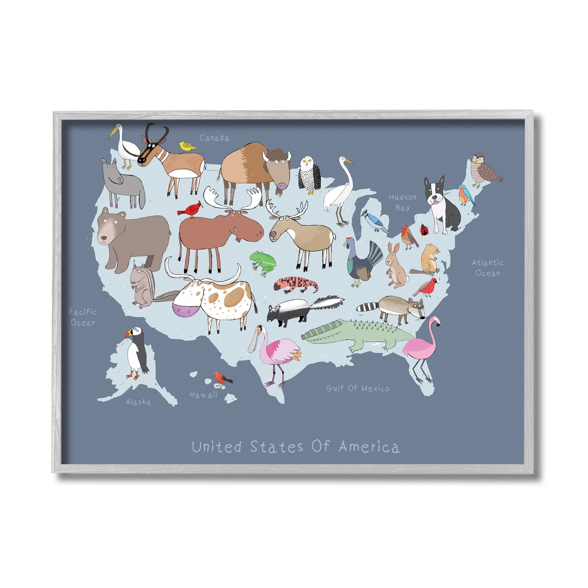 Stupell Industries United States Map with Playful Animal Illustrations,11 x 14,Designed by Carla Daly