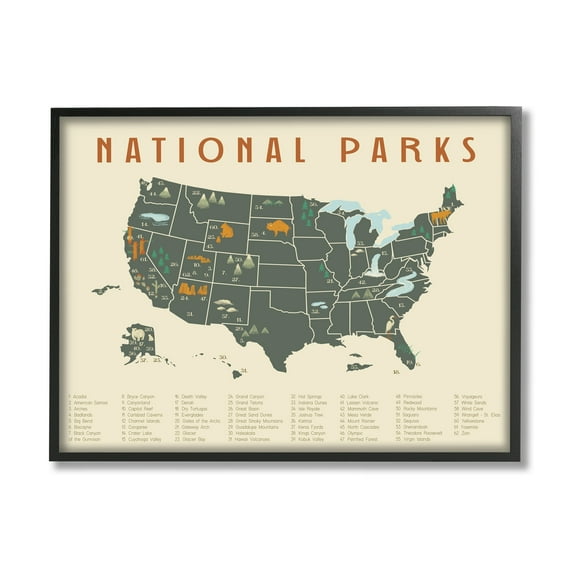 Stupell Industries United States National Parks Adventure Map Green Orange, 20 x 16, Design by Daphne Polselli