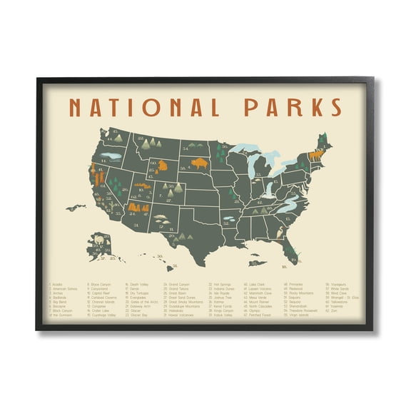 Stupell Industries United States National Parks Adventure Map Green Orange, 30 x 24, Design by Daphne Polselli
