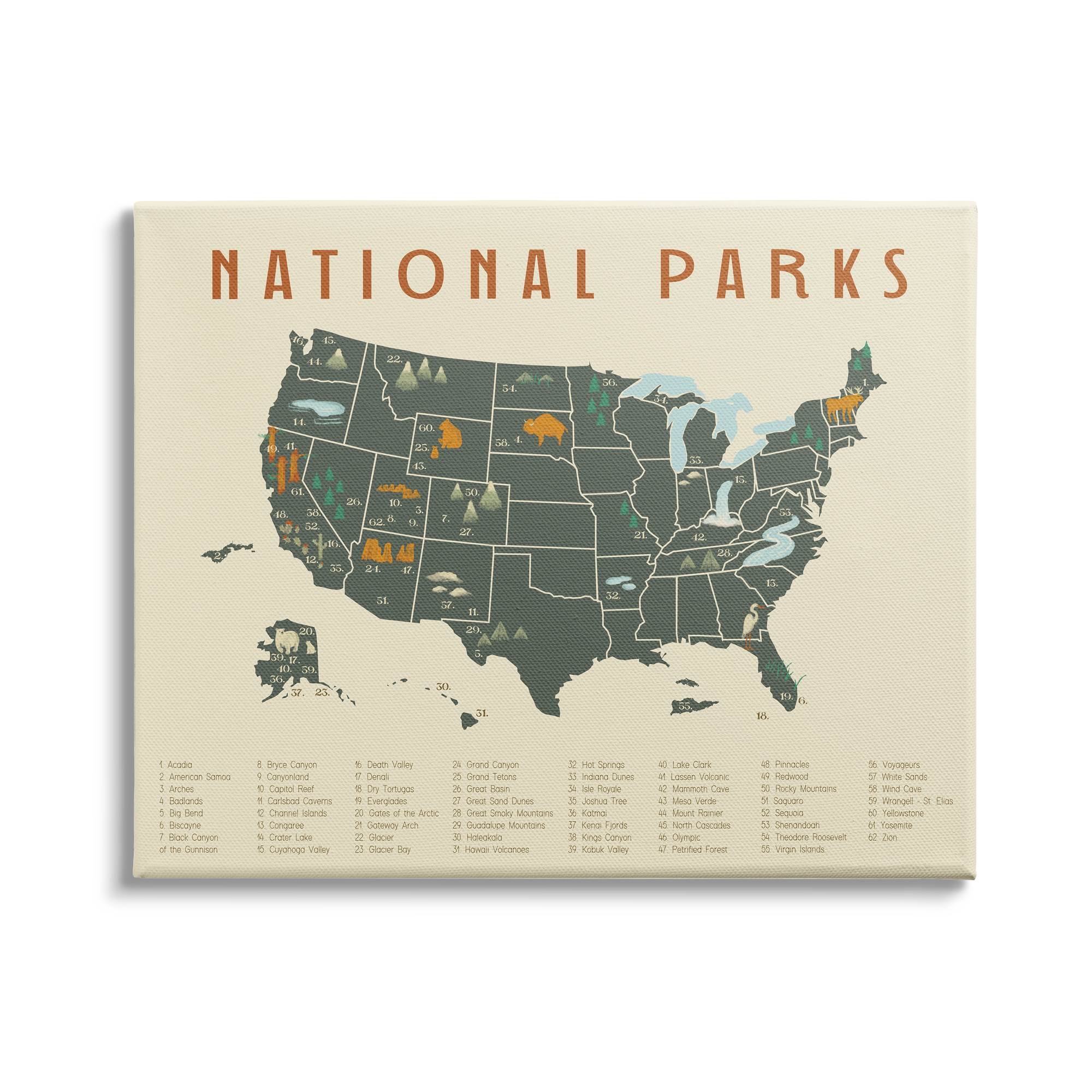 Adventure　x　Daphne　Map　40　by　Parks　Design　National　United　Polselli　Orange,　Green　States　Industries　Stupell　30,