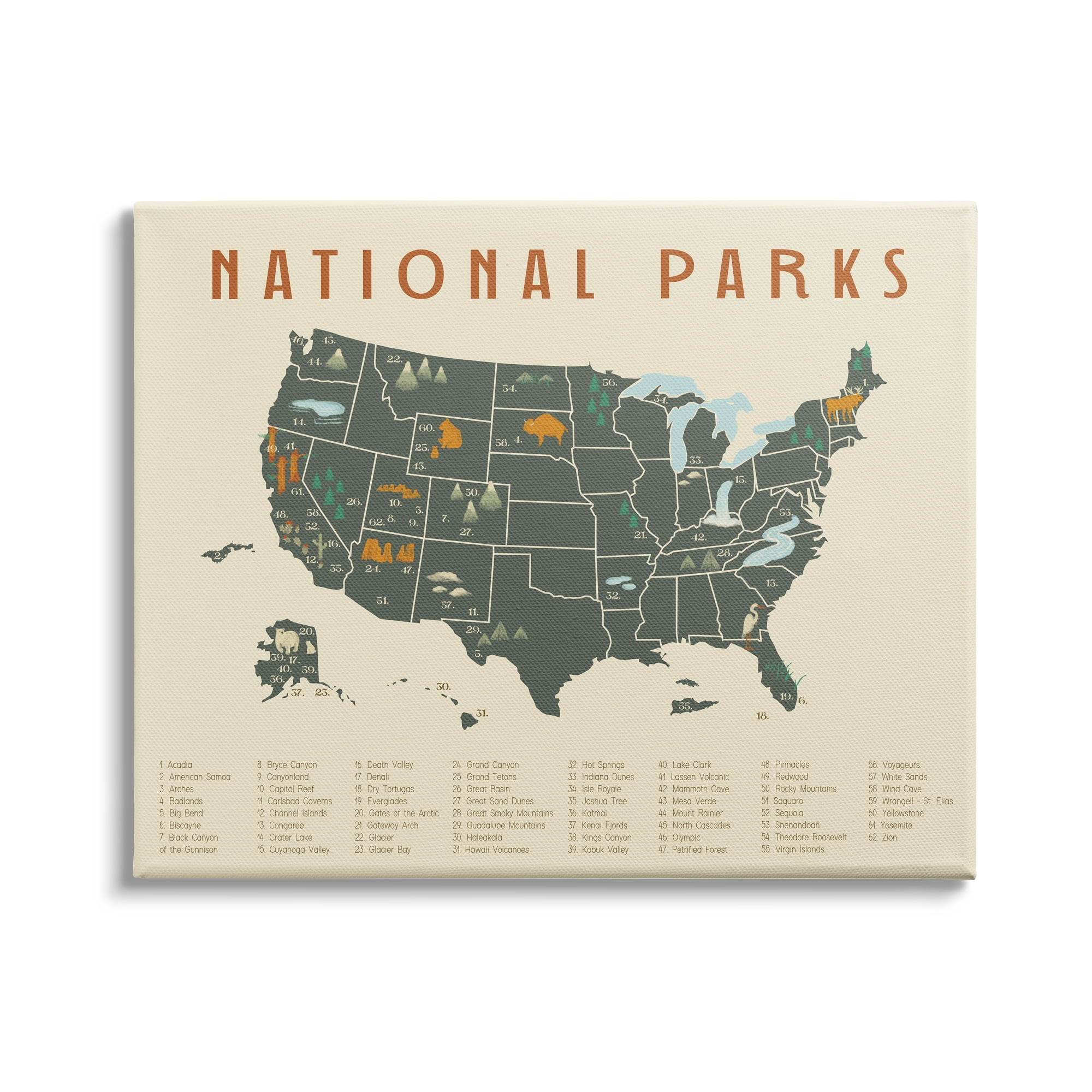 Stupell Industries United States National Parks Adventure Map Green Orange, 48 x 36, Design by Daphne Polselli