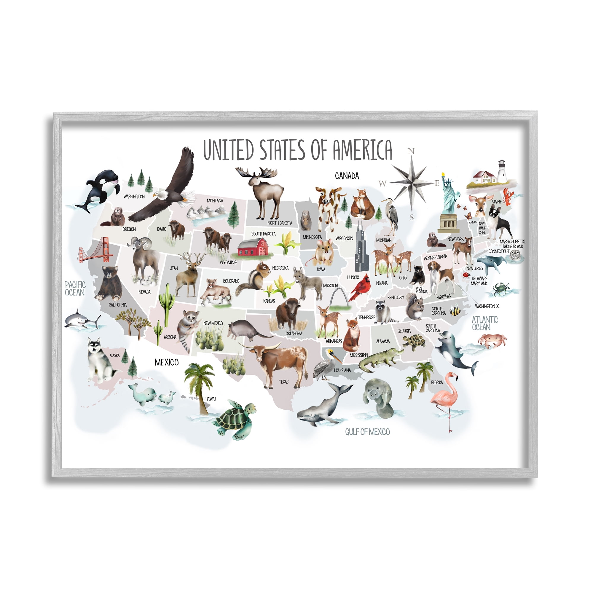 Stupell Industries United States of America Map of Animals Kid's Illustration, 16 x 20, Designed by Studio Q