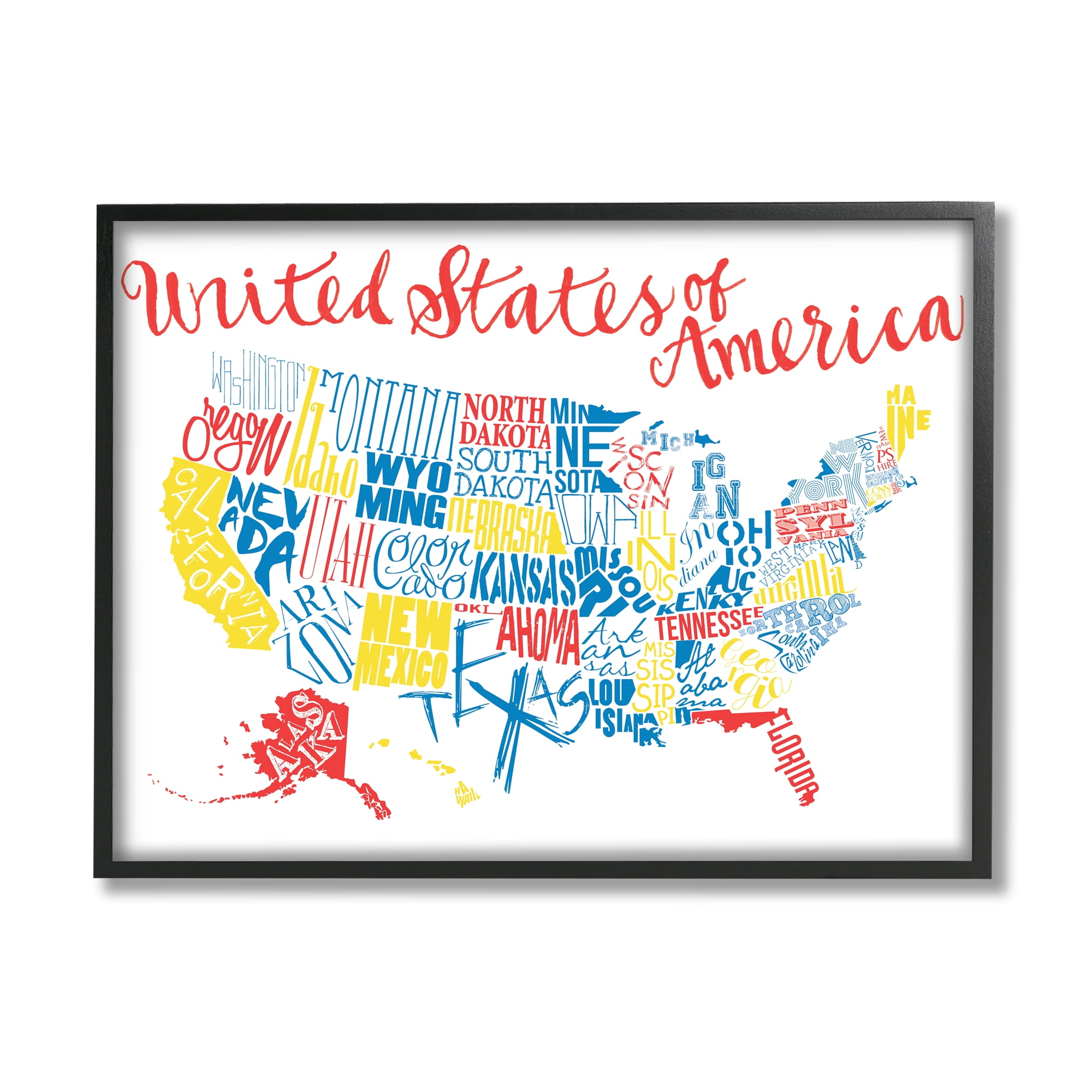 Stupell Industries United States of America Typography Map Primary Tones Art for Kids Painting Black Framed Art Print Wall Art, 24 x 30