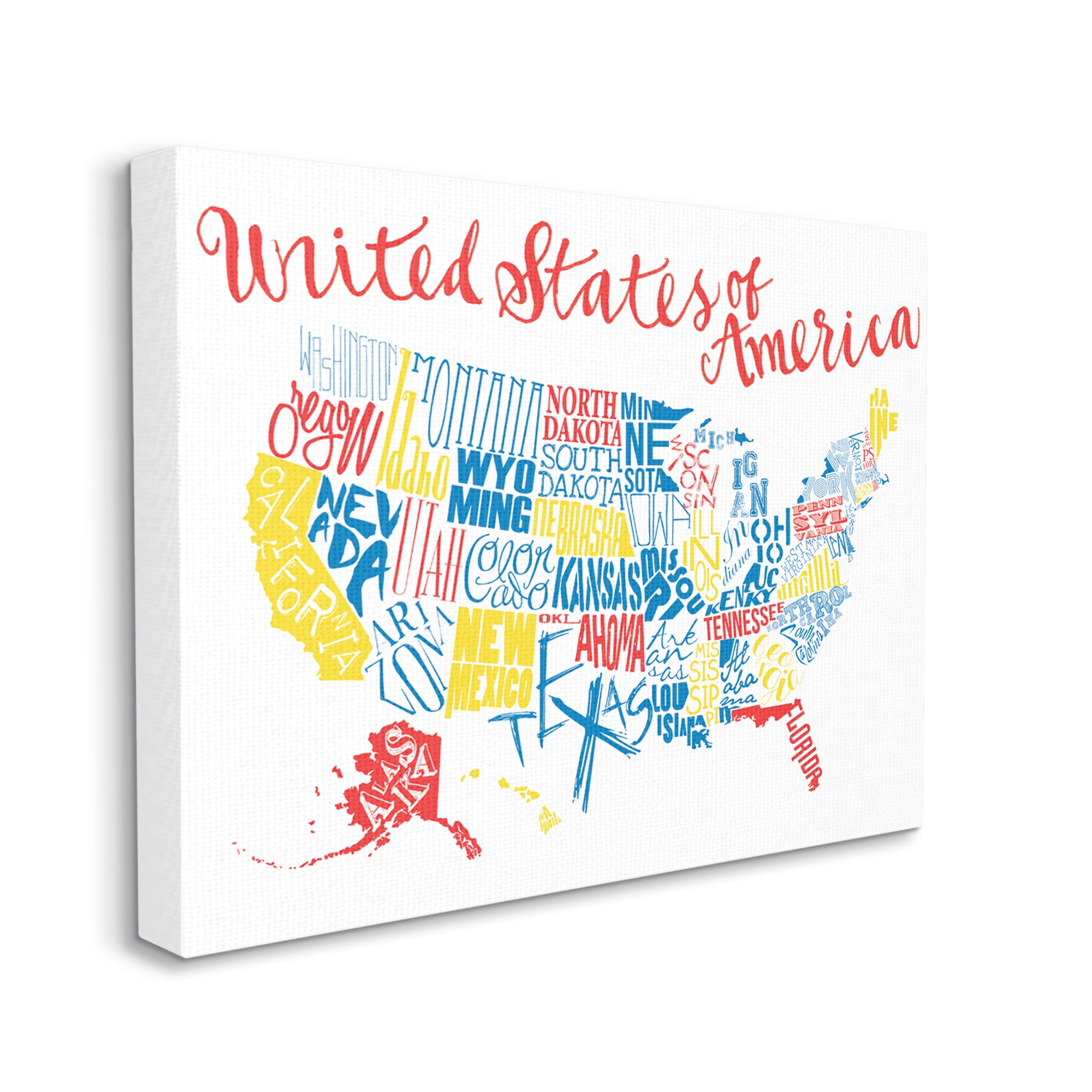 Stupell Industries United States of America Typography Map Primary Tones Art for Kids Painting Gallery Wrapped Canvas Print Wall Art, 16 x 20