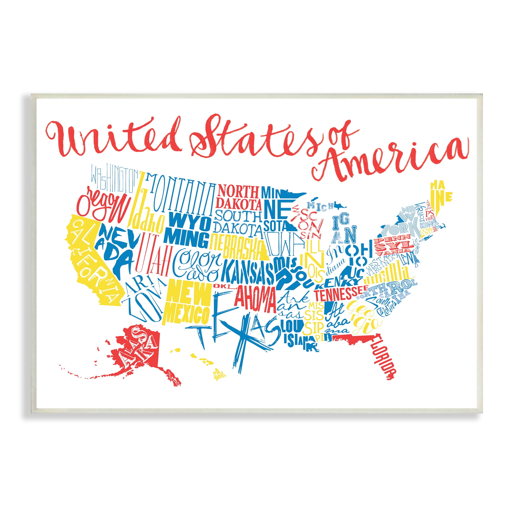 Stupell Industries United States of America Typography Map Primary Tones Art for Kids Painting Unframed Art Print Wall Art, 13 x 19