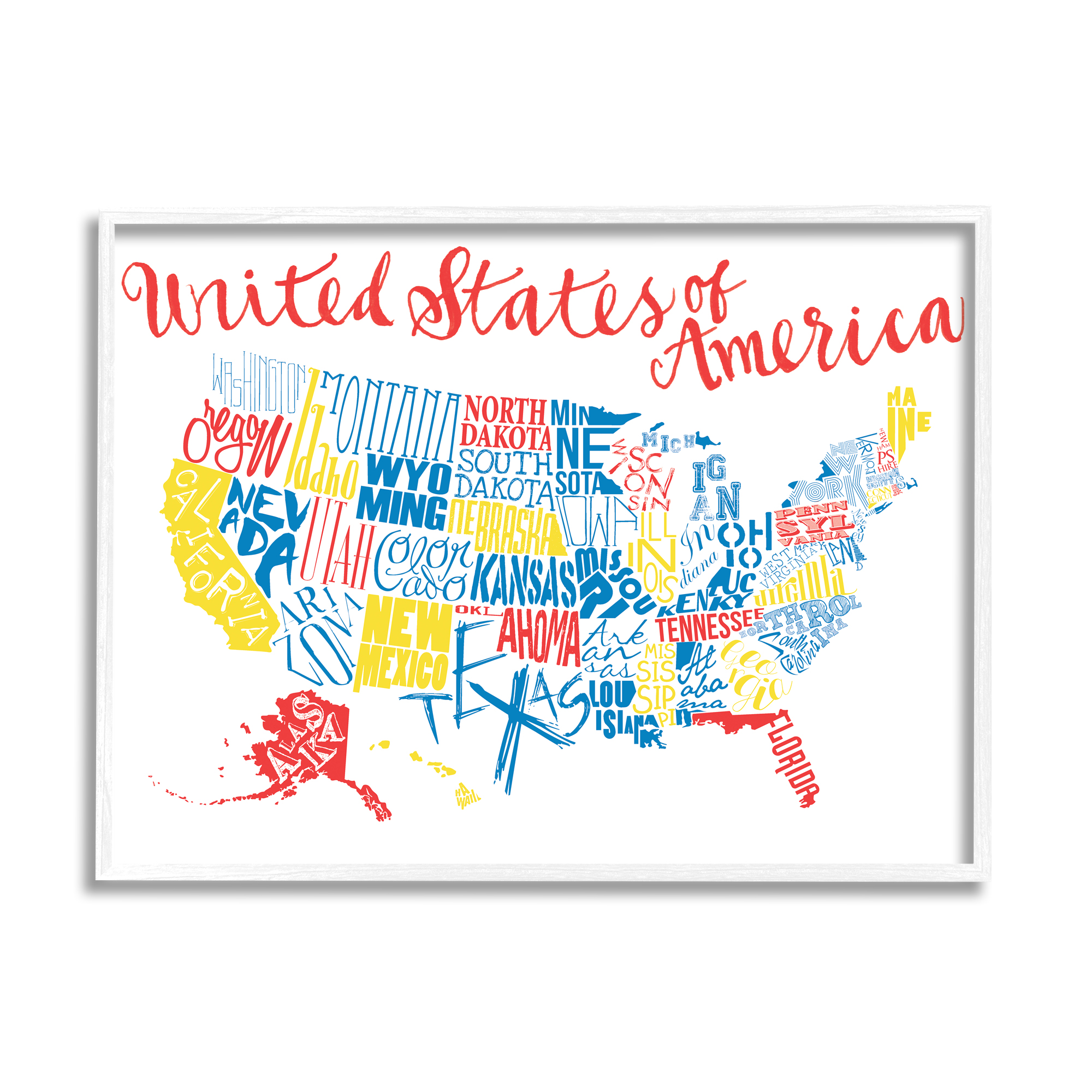 Stupell Industries United States of America Typography Map Primary Tones Art for Kids Painting White Framed Art Print Wall Art, 11 x 14