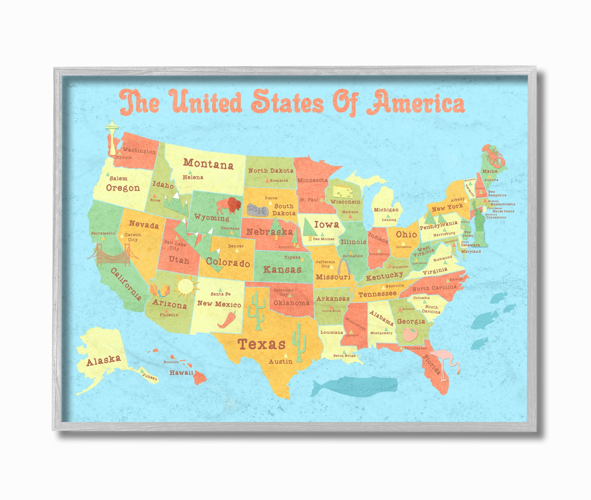 Stupell Industries United States of America USA Kids Map Graphic Art Gray Framed Art Print Wall Art, 11x14, by Daphne Polselli
