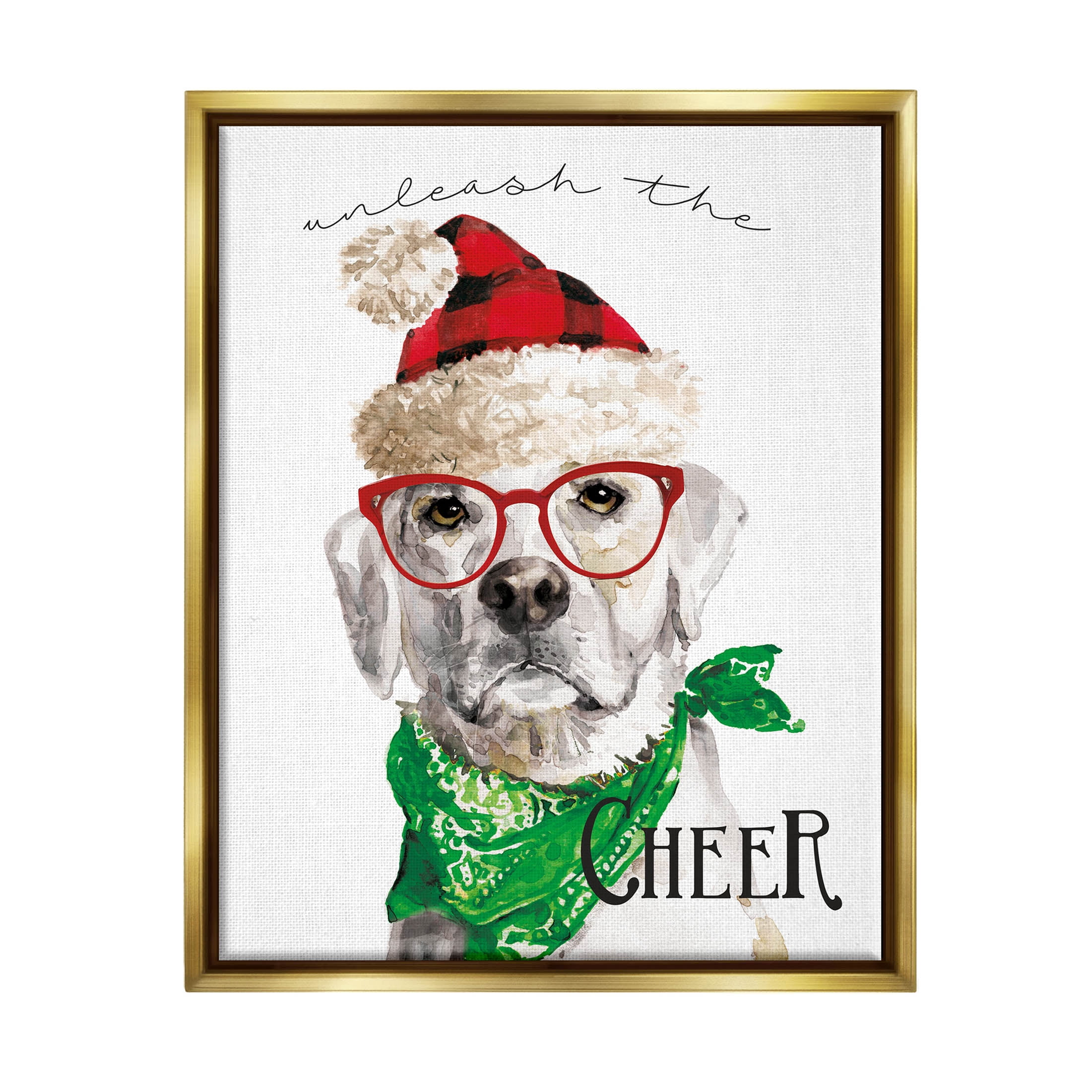 Stupell Industries Unleash The Cheer Holiday Dog Graphic Art Metallic Gold Floating Framed Canvas Print Wall Art, Design by Livi Finn