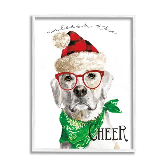 Stupell Industries Unleash The Cheer Holiday Dog Graphic Art White Framed Art Print Wall Art, Design by Livi Finn