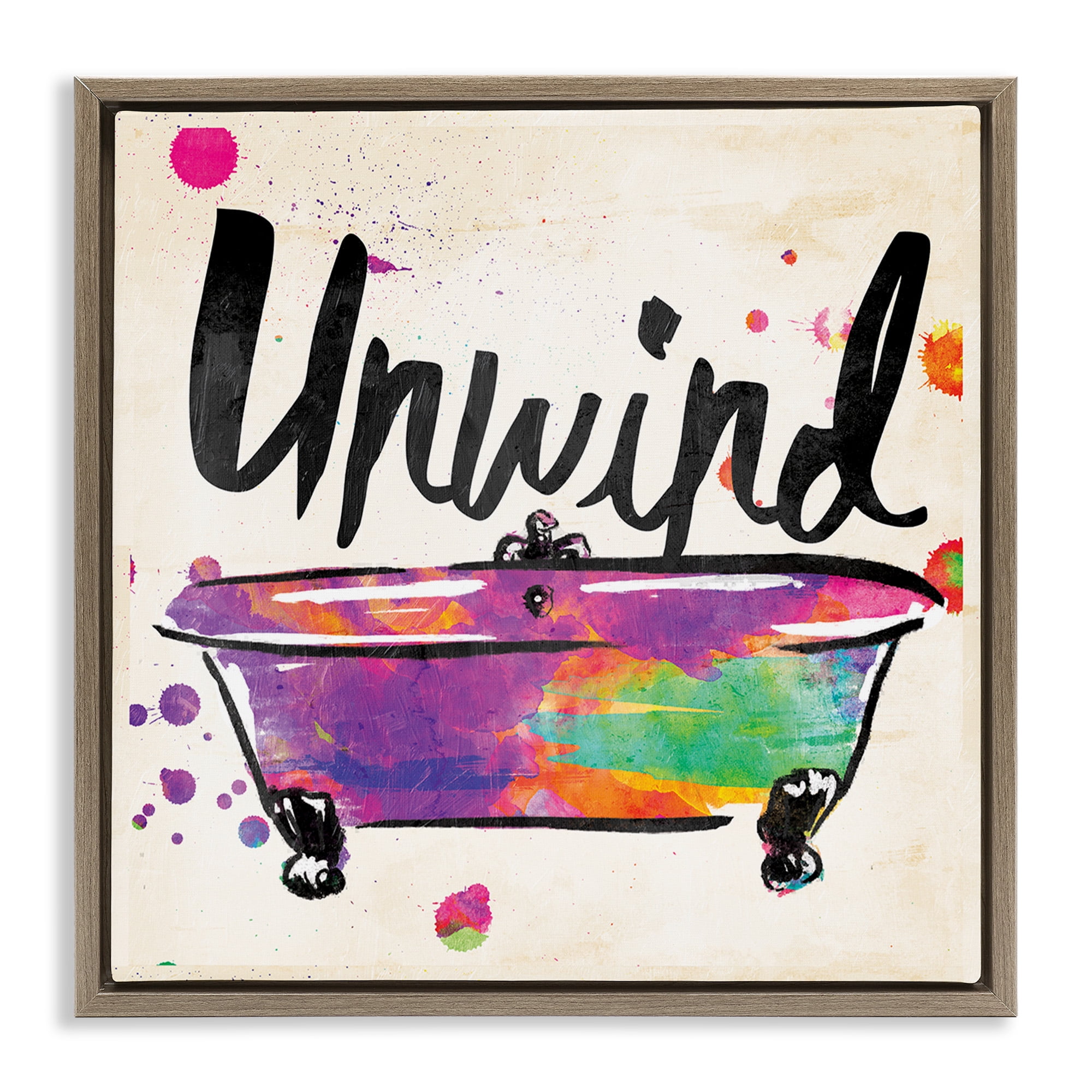 Stupell Industries Unwind Rainbow Colors Icon Bath Typography Painting Brown Floater Framed Canvas Art Print Wall Art, 25 x 25