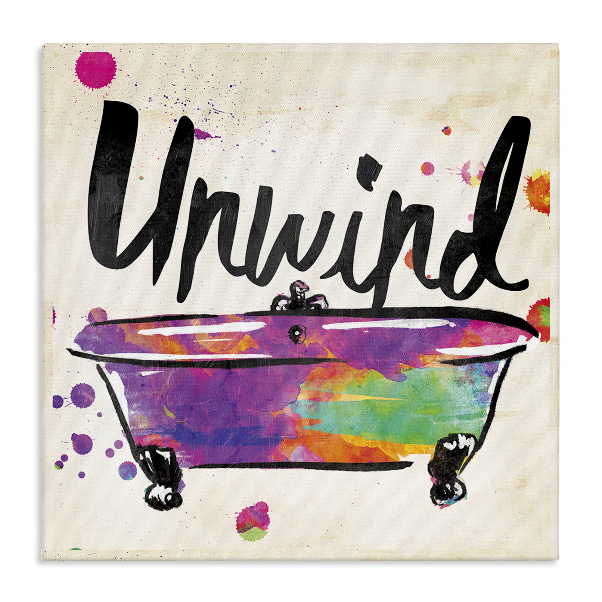 Stupell Industries Unwind Rainbow Colors Icon Bath Typography Painting Gallery Wrapped Canvas Art Print Wall Art, 24 x 24