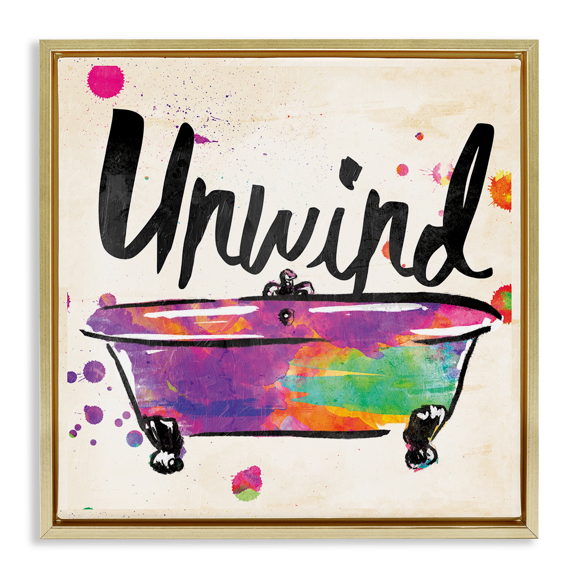 Stupell Industries Unwind Rainbow Colors Icon Bath Typography Painting Gold Floater Framed Canvas Art Print Wall Art, 18 x 18